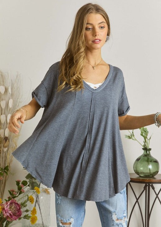Adora V-Neck Oversized Navy Baby Doll Cut Tee Made in USA | Classy Cozy Cool Boutique Women's Made in America Boutique