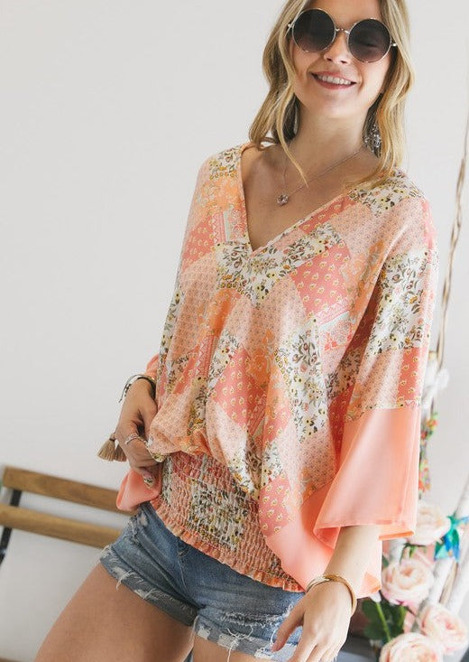 USA Made Ladies Peach Floral Patchwork Dolman Sleeve Top with Smocked Hem | Brand: Adora Style# AT16136A | Classy Cozy Cool Women's American Boutique