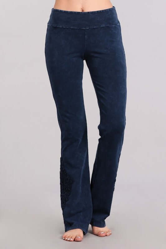 Electric Blue Chatoyant Mineral Washed Boot Cut Jeggings with Crochet Detail Hem Style# C30372 | Women's Fashion Clothing made in USA | Classy Cozy Cool Boutique