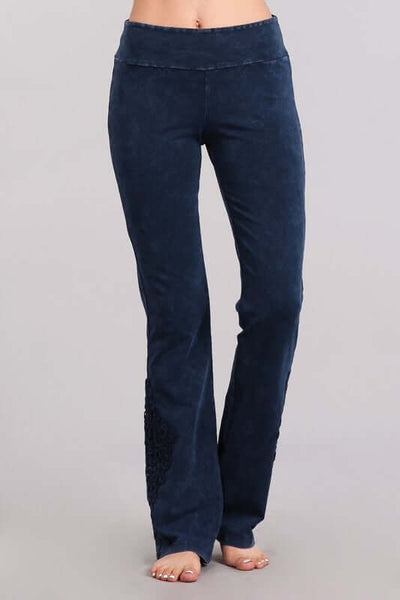 Electric Blue Chatoyant Mineral Washed Boot Cut Jeggings with Crochet Detail Hem Style# C30372 | Women's Fashion Clothing made in USA | Classy Cozy Cool Boutique