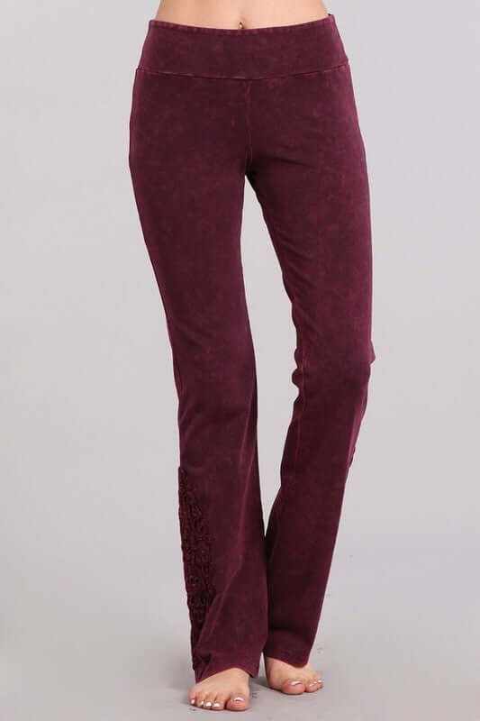USA Made Burgundy Chatoyant Mineral Washed Boot Cut Jeggings with Crochet Detail Hem Style# C30372 | Women's Fashion Clothing made in USA | Classy Cozy Cool Boutique
