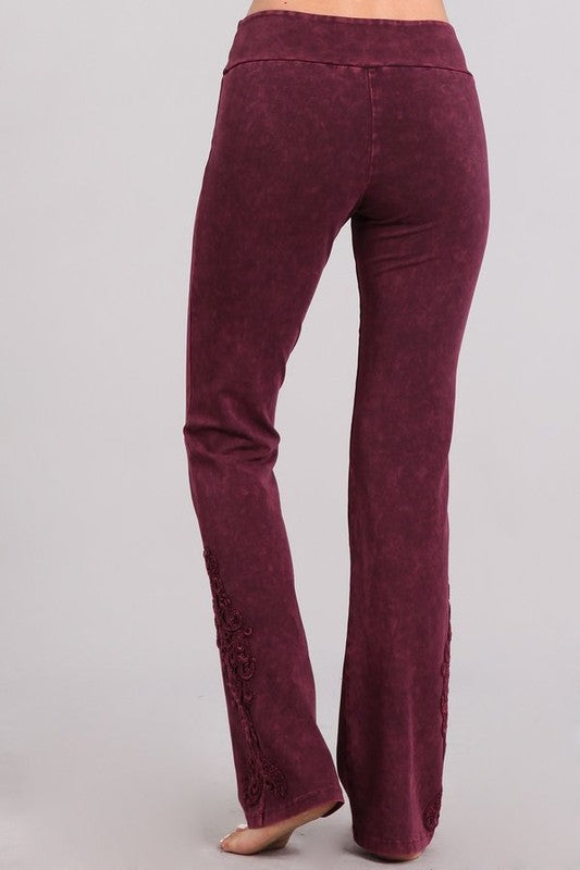 Back View Burgundy Chatoyant Mineral Washed Boot Cut Jeggings with Crochet Detail Hem Style# C30372 | Women's Fashion Clothing made in USA | Classy Cozy Cool Boutique