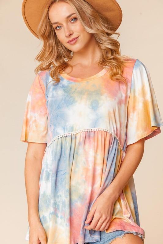 Brand: Haptics - TIE DYE BABY DOLL FLUTTER RUFFLE SLEEVE -  beach, Beach Wear, Best Dressed, Blouse, BoHo, Clothes, Featured, made in usa, Plus, Shirt, soft, Spring, Summer, vacation, Women, Women's Clothing - Classy Cozy Cool Boutique