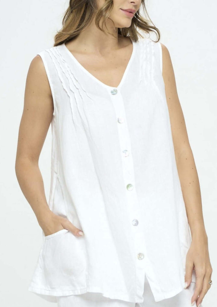 USA Made 100% Linen Ladies Sleeveless White Button Down Tunic with Pockets & Pleated Detail | Match Point Style HLT441 | Classy Cozy Cool Women's Made in America Boutique