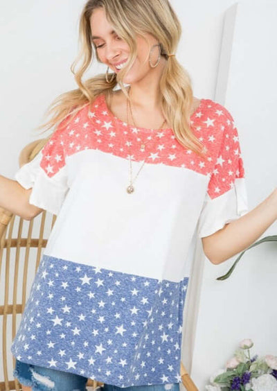 Patriotic Ladies Color Block Red White & Blue Stars Top with Ruffled Short Sleeves | Made in the USA | Classy Cozy Cool Women's Made in America Clothing Boutique