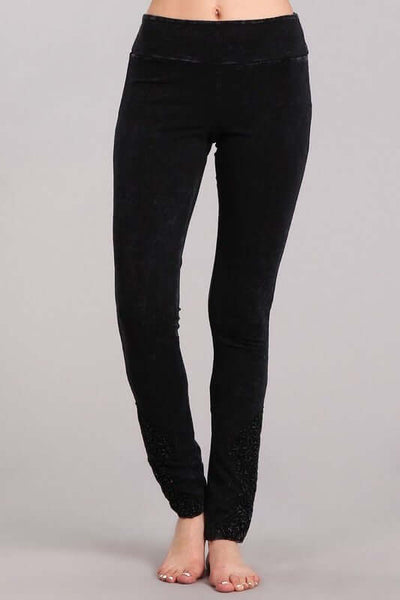 Made with USA Cotton | Chatoyant Mineral Washed Jeggings with Crochet Ankle Detail Hem in Black Mineral Washed Style# C30396 | Women's Fashion Clothing made in USA | Classy Cozy Cool