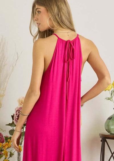 Ladies Halter Style Maxi Dress in Soft Stretchy Jersey Material and Back Tie at Neckline in Fuchsia  | Made in USA | Classy Cozy Cool Women's Made in America Boutique