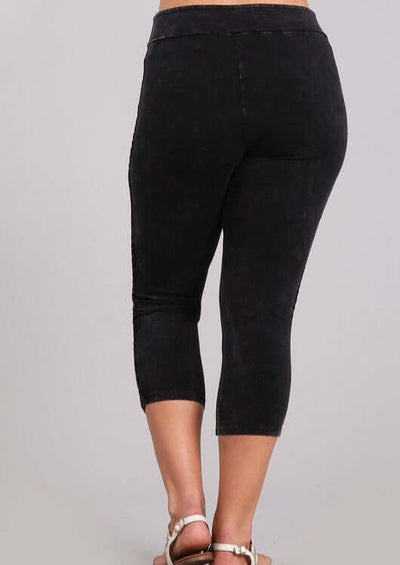 Black Chatoyant Mineral Washed Plus Size Capri Leggings with Crochet Lace Side Stripe | Style# P30342 | Made in USA | Classy Cozy Cool American Boutique