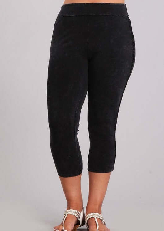 Black Chatoyant Mineral Washed Plus Size Capri Leggings with Crochet Lace Side Stripe | Style# P30342 | Made in USA | Classy Cozy Cool American Boutique