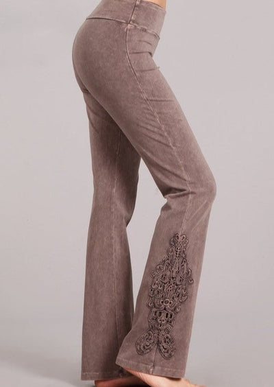 Desert Taupe Chatoyant Mineral Washed Boot Cut Jeggings with Crochet Detail Hem Style# C30372 | Women's Fashion Clothing made in USA | Classy Cozy Cool Boutique