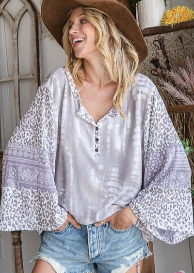 Brand: Bucket List | Mixed Media Henley Oversized Top | Style# T1400 | Proudly Made in the USA | Classy Cozy Cool Women’s Clothing Boutique