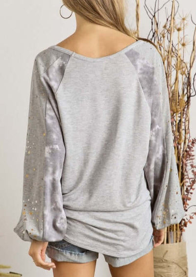 Ladies V-Neck Puff Sleeve Embellished Long Sleeve Gray Relaxed Fit Top with Metallic Star Detail on Sleeves | Made in USA