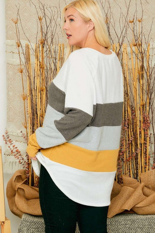 USA Made Plus Size Ladies Oversized Lightweight Super Soft Raglan Long Sleeve Top with Light Gray, Brown, Off White & Mustard Stripes | Made in USA Women's Clothing
