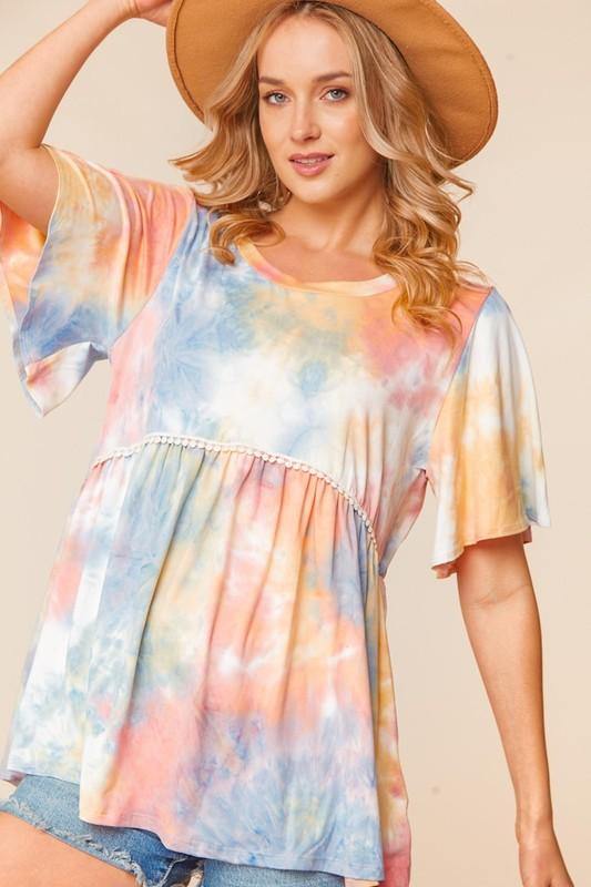 Brand: Haptics - TIE DYE BABY DOLL FLUTTER RUFFLE SLEEVE -  beach, Beach Wear, Best Dressed, Blouse, BoHo, Clothes, Featured, made in usa, Plus, Shirt, soft, Spring, Summer, vacation, Women, Women's Clothing - Classy Cozy Cool Boutique