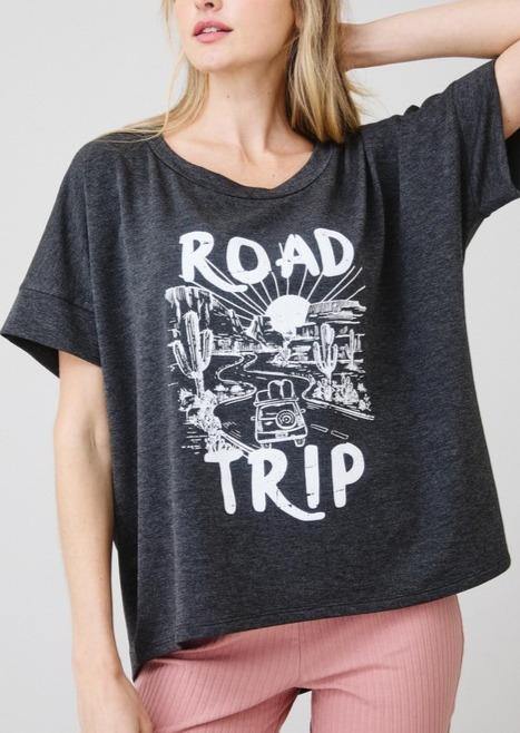 Graphic Road Trip Boxy Boat Neck Top | Ces Femme TJ10531 | Made in USA | Classy Cozy Cool Women’s Clothing Boutique