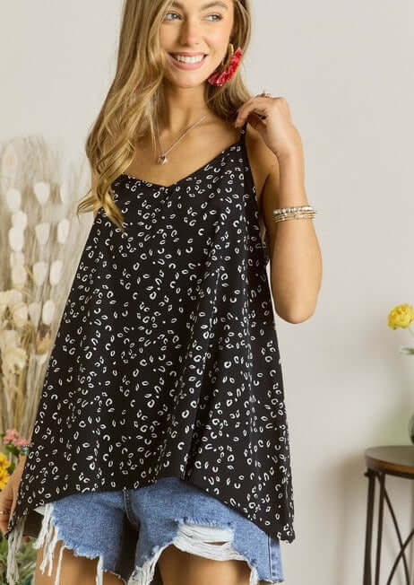Ladies Simple Spaghetti Strap A-Shape Tank Top in 2-tone Black with White Micro Leopard Print | Made in USA | Classy Cozy Cool Women's Made in America Boutique