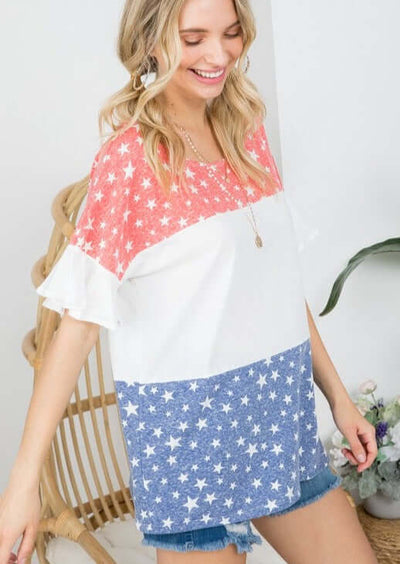 Patriotic Ladies Color Block Red White & Blue Stars Top with Ruffled Short Sleeves | Made in the USA | Classy Cozy Cool Women's Made in America Clothing Boutique