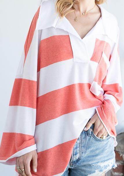 Brand: Bucket List - Soft Knit Striped Big Collared Pullover Sweatshirt -  Big Collar, Blouse, BoHo, Clothes, drop shoulder, Featured, made in usa, oversized, Shirt, soft, Spring, stripes, Women - Classy Cozy Cool Boutique