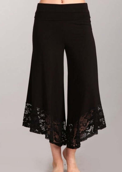 Chatoyant Black Capri Gaucho Wide Leg Pants with Lace Hem, Soft Stretchy Material | Made in USA | Classy Cozy Cool Women's American Clothing Boutique