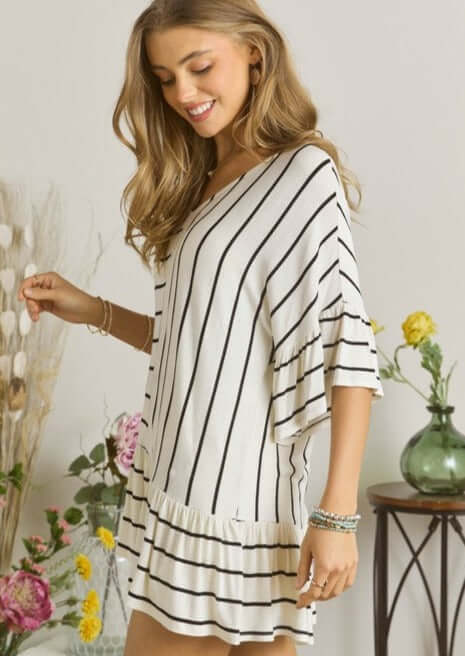 Adora Vertical & Horizontal Contrast Striped Black & White Top with Ruffle Sleeve & Flounce Ruffle Hemline | Made in USA | Classy Cozy Cool Women's Made in America Boutique