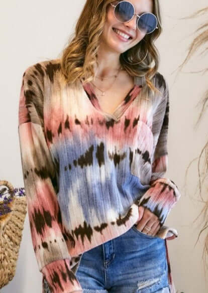 Ladies Adora Multi Color Tie Dye Print V-Neck Soft Top in Blue, Mauve, Tan & Brown | Made in USA | Classy Cozy Cool Women's Made in America Clothing