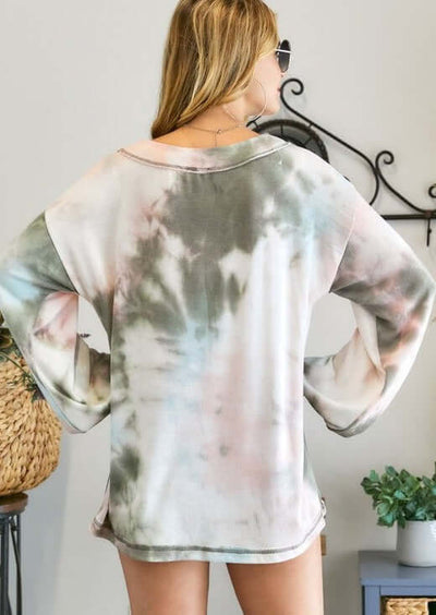American Made Ladies Oversized Lightweight Tie Dye Puff Sleeve Top with Button Tabs in Sage & Mauve | Classy Cozy Cool Made in USA Women's Clothing