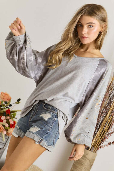 Ladies V-Neck Puff Sleeve Embellished Long Sleeve Gray Relaxed Fit Top with Metallic Star Detail on Sleeves | Made in USA