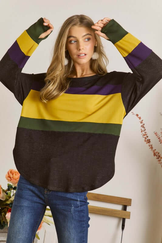 Ladies Oversized Lightweight Super Soft Black Raglan Color Block Long Sleeve Top with Purple, Green & Mustard Stripes | Made in USA Women's Clothing