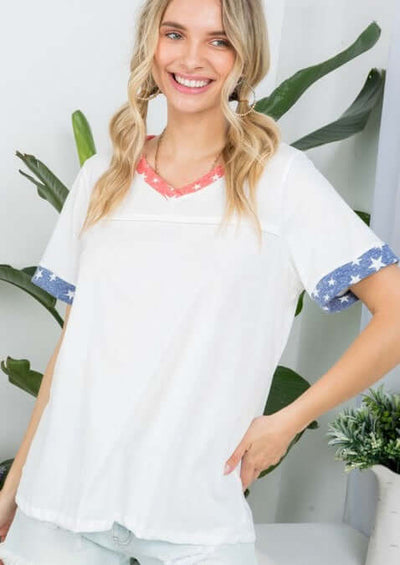 Made in USA Ladies Patriotic White V-Neck Stars Detail Essential Tee for 4th of July | Classy Cozy Cool Women's Made in America Clothing Boutique