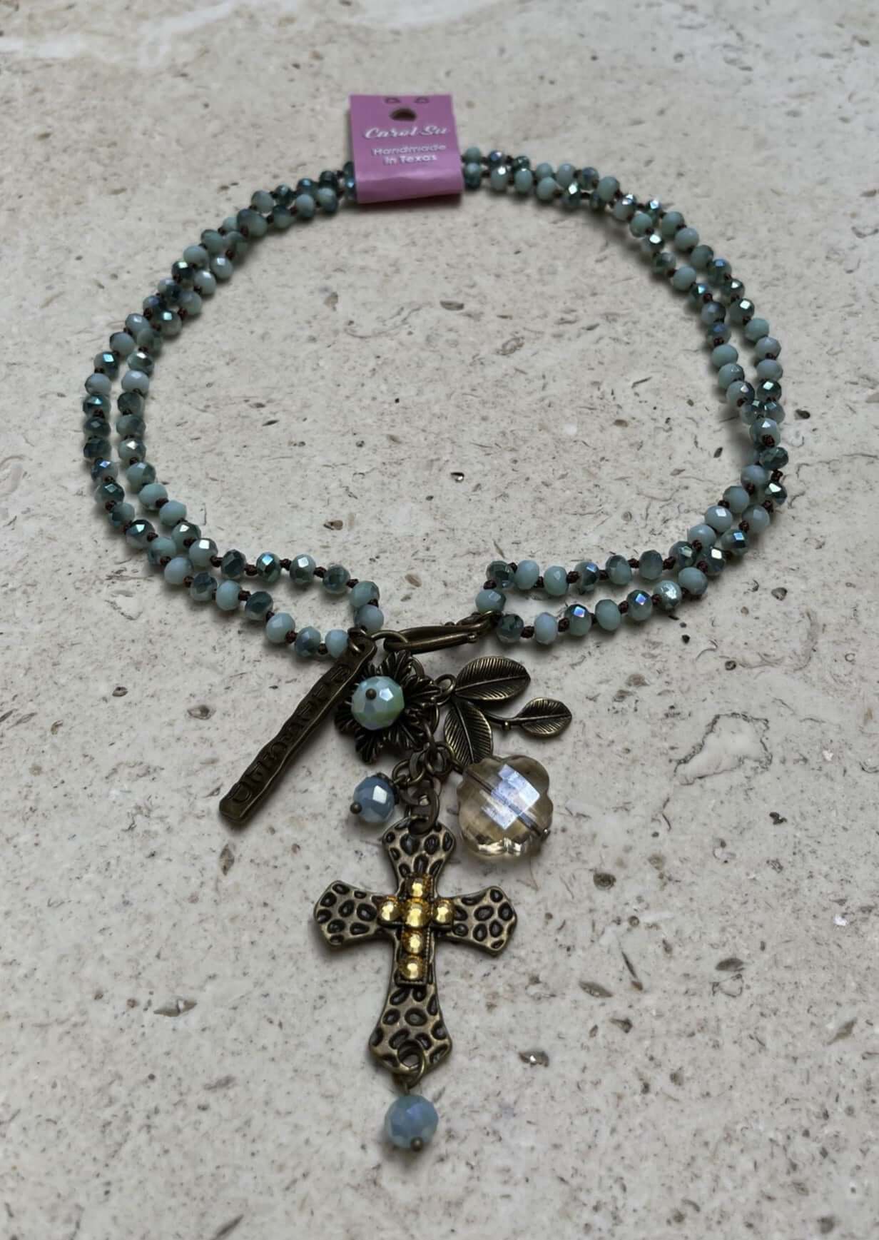 Handmade in USA Leopard Indented Cross Beaded Dangle Necklace | This beautiful piece can be worn as a long drop necklace or doubled & worn shorter.