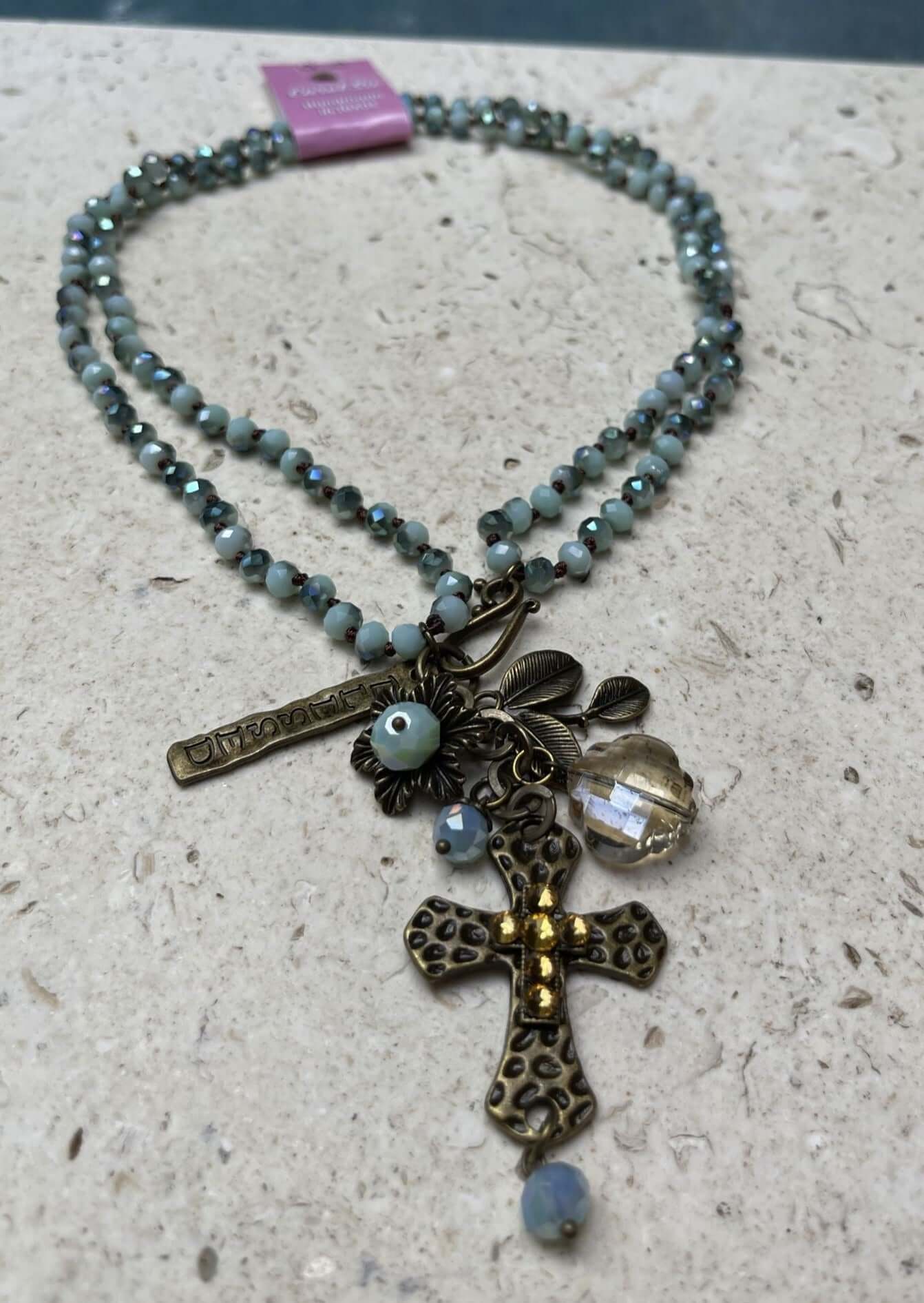 Handmade in USA Leopard Indented Cross Beaded Dangle Necklace | This beautiful piece can be worn as a long drop necklace or doubled & worn shorter.