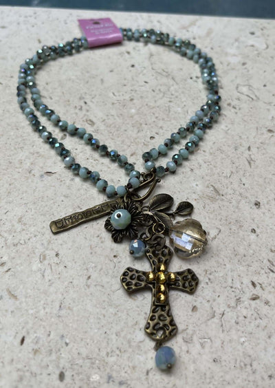Handmade in USA Leopard Indented Cross Beaded Dangle Necklace | This beautiful piece can be worn as a long drop necklace or doubled & worn shorter.