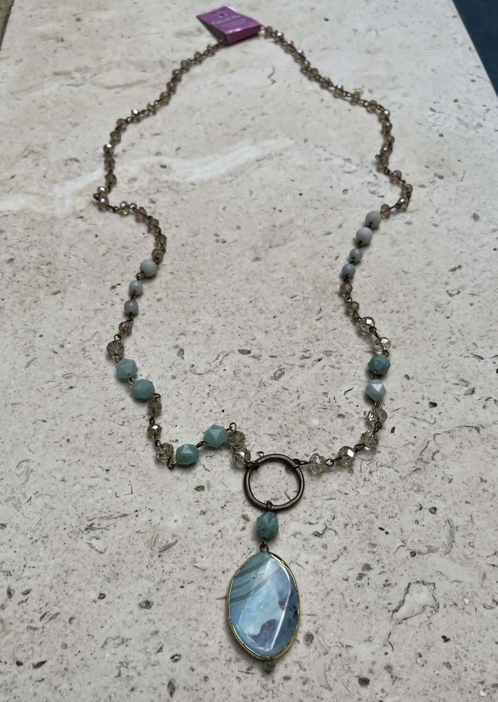 Ladies Turquoise Natural Stone Pendant Beaded Necklace. Handmade in USA, This beautiful piece can be worn as a long or short necklace. 