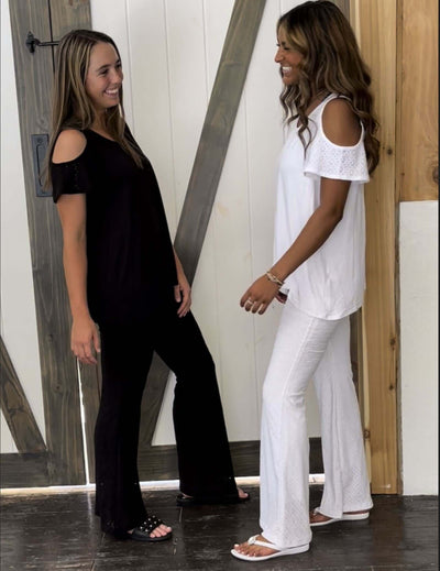 USA Made Ladies Fully Lined Eyelet Lace Flare Bottom Pants by Chatoyant in Black or White | Style# C30684 | Classy Cozy Cool Women's American Boutique