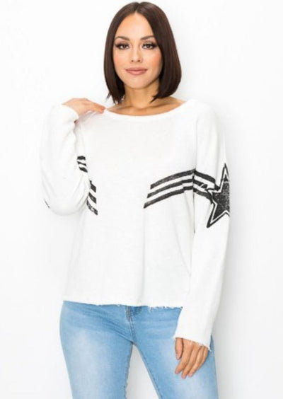 Brand: T-Party Style SFT38519 | Ladies Cotton Shooting Star Hand Painted Long Sleeve French Terry Top | Made in USA | Women's Clothing Made in America