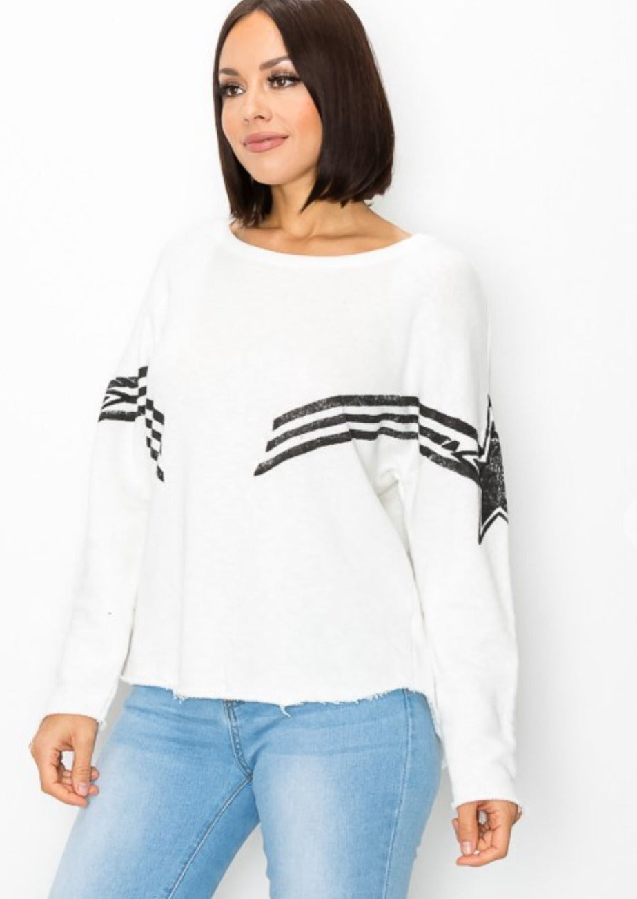 Brand: T-Party Style SFT38519 | Ladies Cotton Shooting Star Hand Painted Long Sleeve French Terry Top | Made in USA | Women's Clothing Made in America