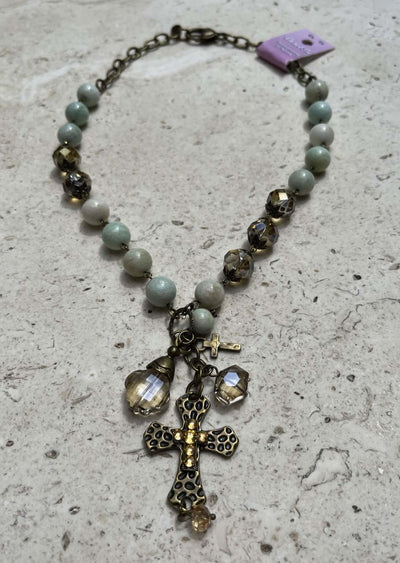 USA Made Ladies Leopard Print Embossed Cross with Natural Stone & Glass Beads | Fashion Jewelry Handmade in Texas by Carol Su | Women's Made in America Boutique