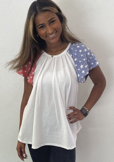4th of July USA Made Ladies Patriotic Color Block Baby Doll 100% Cotton Top - Flare Sleeves with Stars  | Classy Cozy Cool Women's American Clothing Boutique