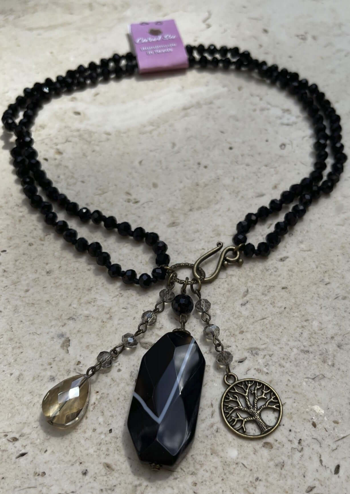Black Onyx Natural Gemstone Pendant Charm Necklace | Made in USA Fashion Jewelry Handmade in Texas by Carol Su | Women's Made in America Boutique