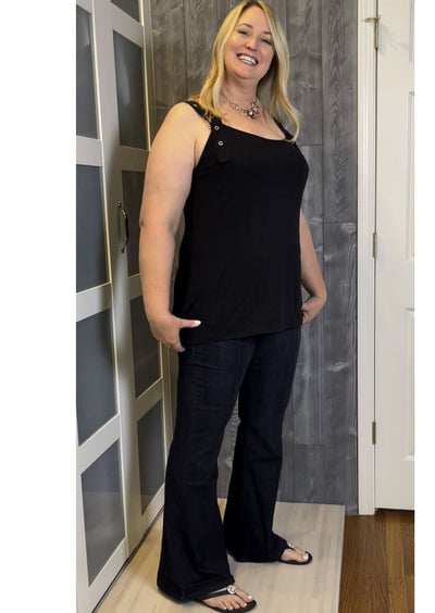 USA Made Plus Size Ladies Black Rayon Buckle Strap Tank Top Style# T6846 | Blumin Apparel | Made in USA | Classy Cozy Cool Women's Clothing Boutique