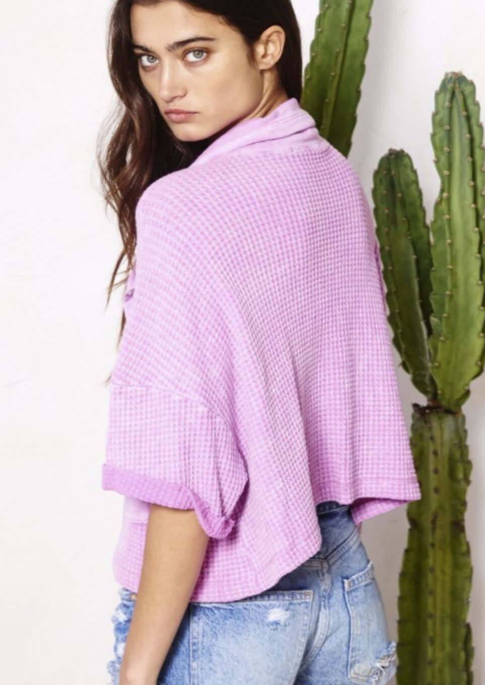 Brand: Bucket List | Vintage Wash Lilac Button Down Waffle Knit Cropped Shacket | Style # T1693 | Made in USA | Classy Cozy Cool Women’s Clothing Boutique
