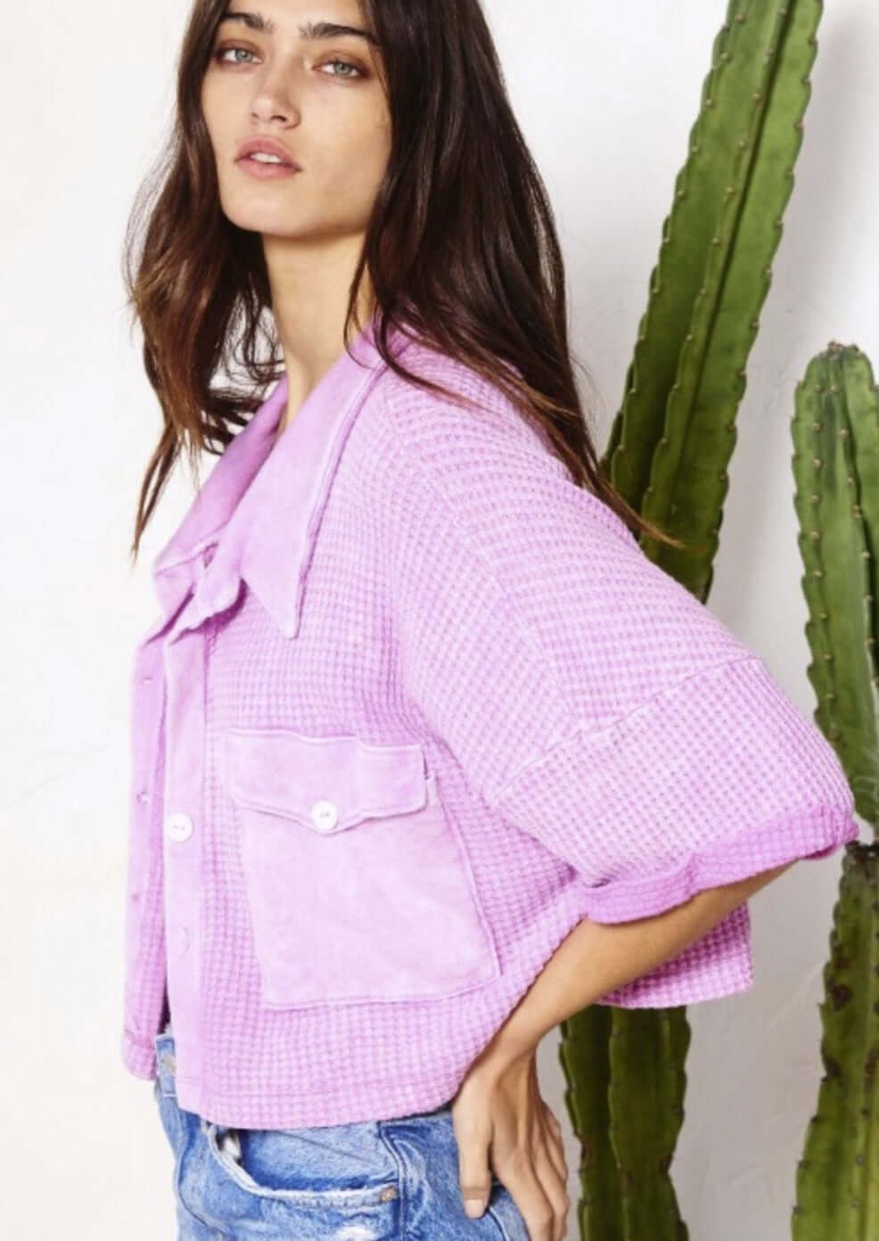Brand: Bucket List | Vintage Wash Lilac Button Down Waffle Knit Cropped Shacket | Style # T1693 | Made in USA | Classy Cozy Cool Women’s Clothing Boutique
