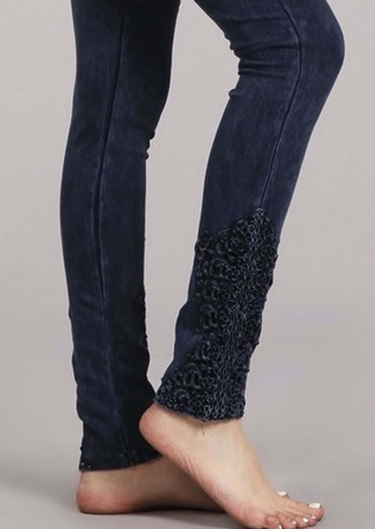 Chatoyant Mineral Washed Jeggings with Crochet Ankle Detail Hem Style# C30396 | Women's Fashion Clothing made in USA | Classy Cozy Cool Boutique