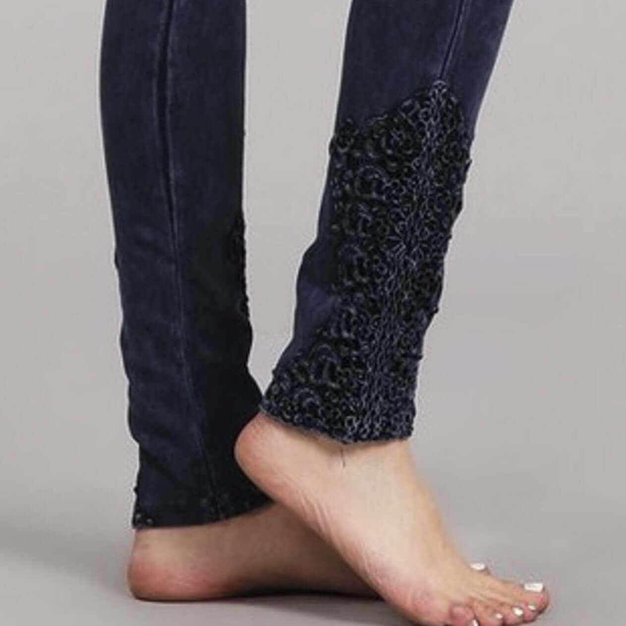 Chatoyant Mineral Washed Jeggings with Crochet Ankle Detail Hem Style# C30396 | Women's Fashion Clothing made in USA | Classy Cozy Cool Boutique