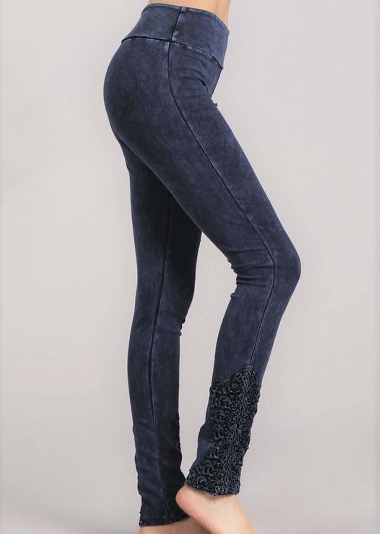 Made with USA Cotton | Chatoyant Mineral Washed Jeggings with Crochet Ankle Detail Hem Style# C30396 | Women's Fashion Clothing made in USA | Classy Cozy Cool Boutique