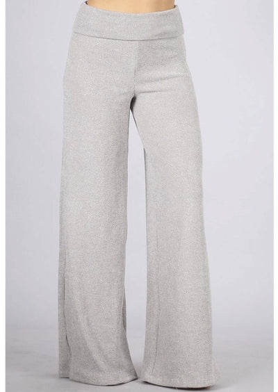 Women's Sleek Hacci Mélange Sweater Knit Pants with Fold Over Waist Band in Bone Color | Chatoyant Style# C30668 | Made in USA | Classy Cozy Cool USA Clothing Boutique