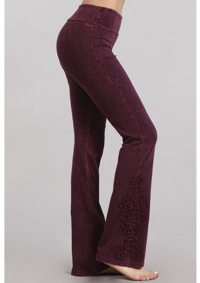 Burgundy Chatoyant Mineral Washed Boot Cut Jeggings with Crochet Detail Hem Style# C30372 | Women's Fashion Clothing made in USA | Classy Cozy Cool Boutique