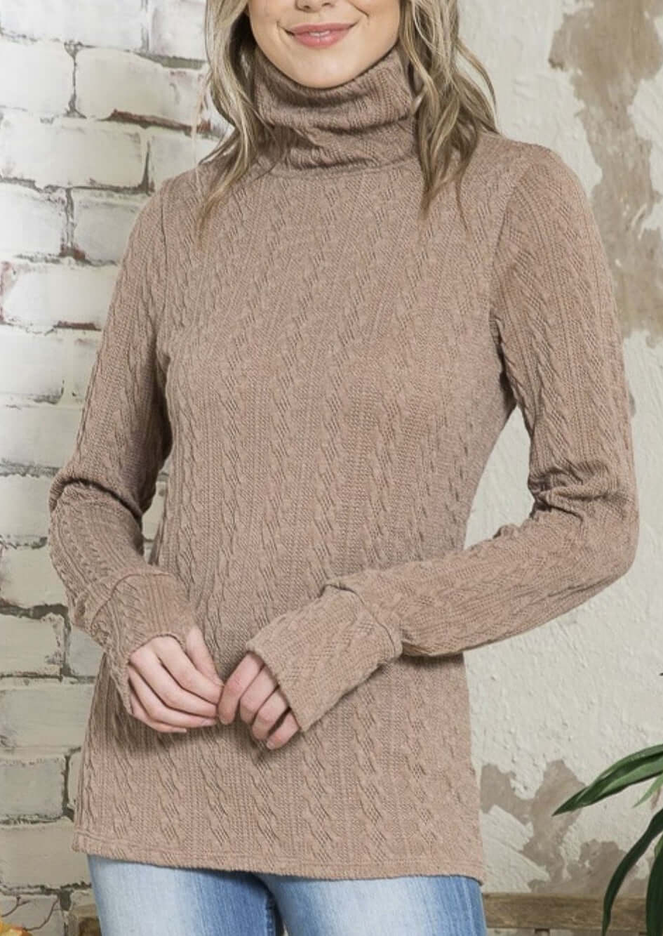 USA Made Tan Stretch Cable Knit Sweater with Thumb Holes | Classy Cozy Cool Women's Clothing Boutique