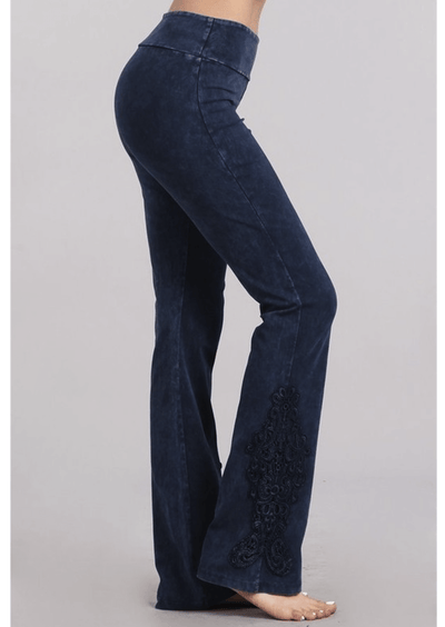 Electric Blue Chatoyant Mineral Washed Boot Cut Jeggings with Crochet Detail Hem Style# C30372 | Women's Fashion Clothing made in USA | Classy Cozy Cool Boutique