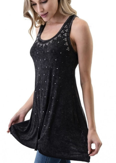 T-Party Mineral Washed Studded Super Soft Tunic Length Black Ladies Tank Top | Made in USA | Classy Cozy Cool Women's American Clothing Boutique